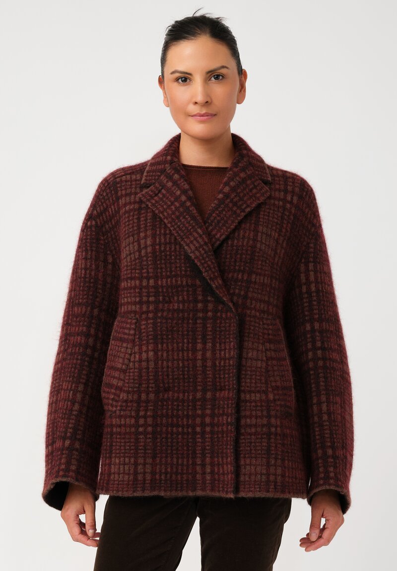 Boboutic Thermal Yak & Mohair Double-Breasted Jacket in Wine Red Plaid