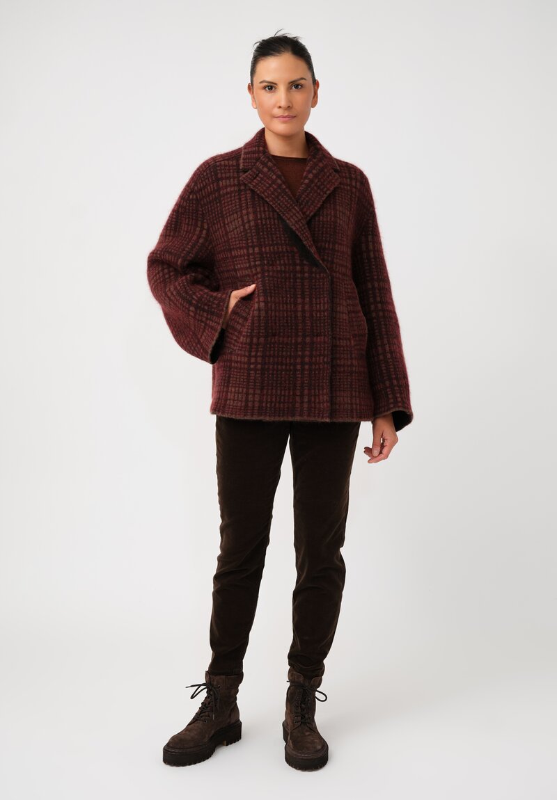 Boboutic Thermal Yak & Mohair Double-Breasted Jacket in Wine Red Plaid