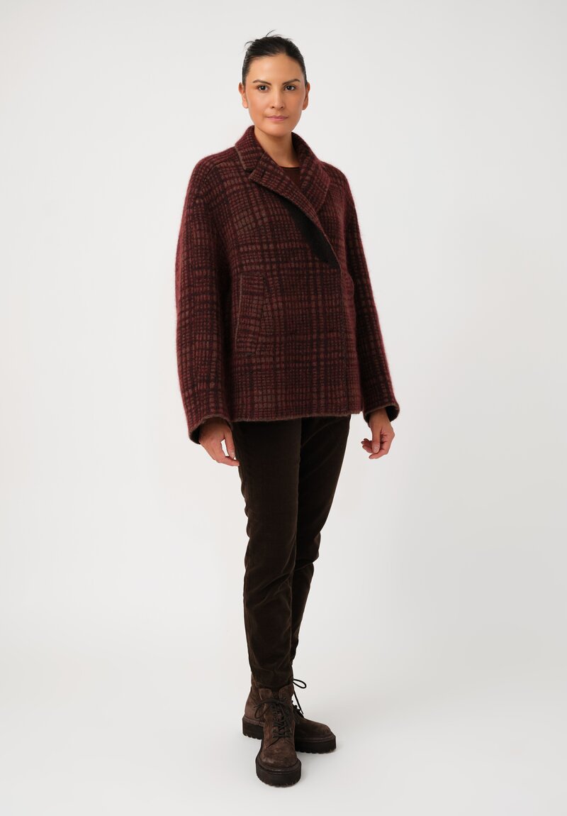 Boboutic Thermal Yak & Mohair Double-Breasted Jacket in Wine Red Plaid
