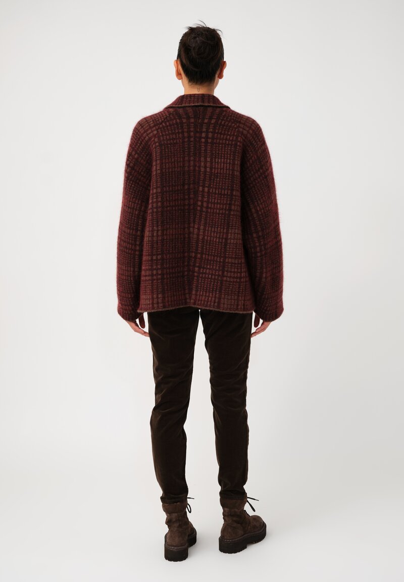 Boboutic Thermal Yak & Mohair Double-Breasted Jacket in Wine Red Plaid