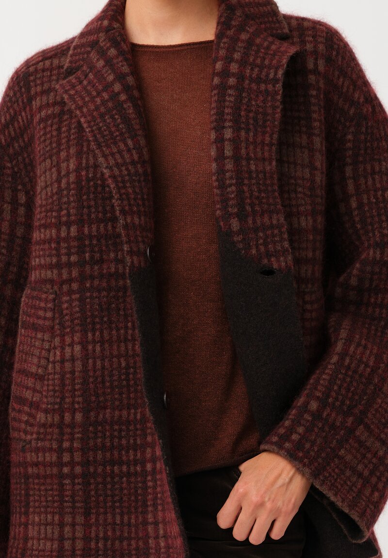 Boboutic Thermal Yak & Mohair Double-Breasted Jacket in Wine Red Plaid