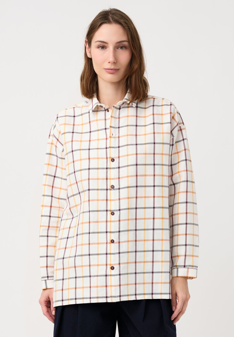 Toogood Linen Seersucker Tattersall Draughtsman Shirt in White & Burgundy Red