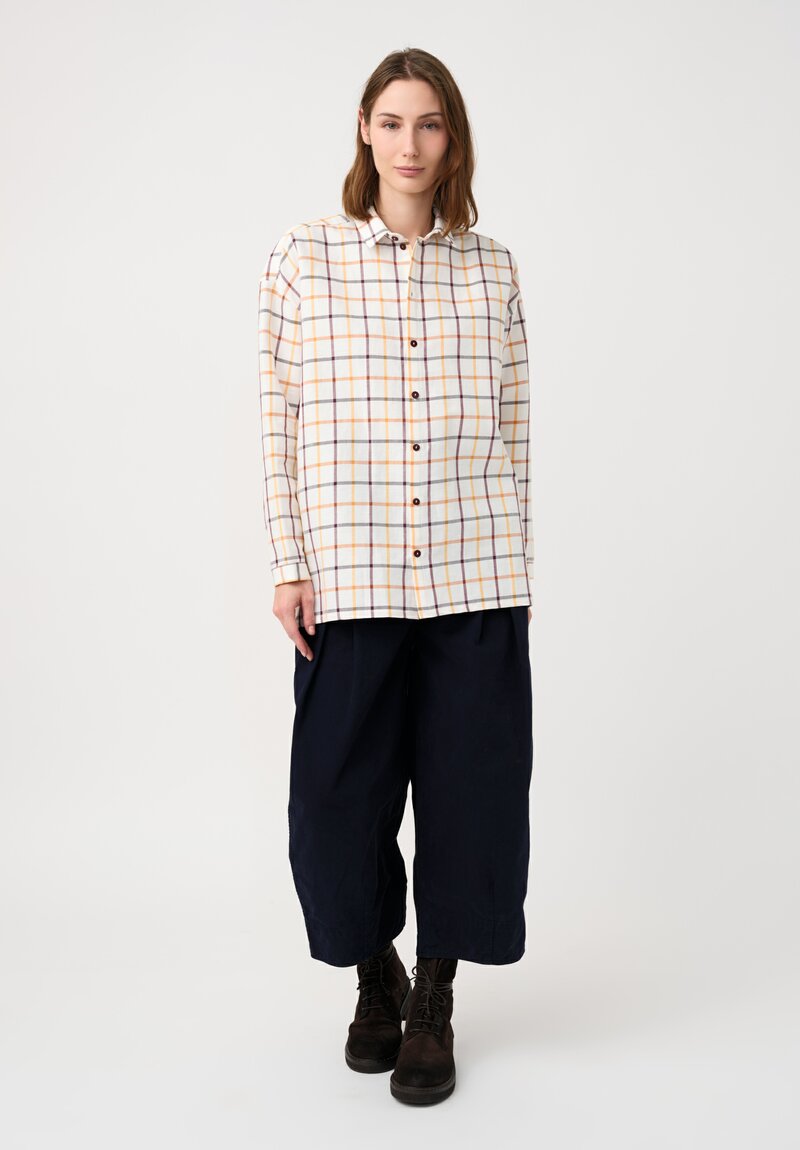 Toogood Linen Seersucker Tattersall Draughtsman Shirt in White & Burgundy Red