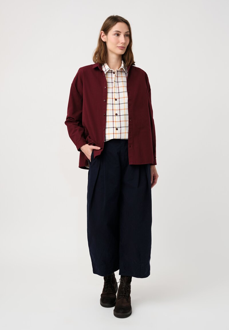 Toogood Linen Seersucker Tattersall Draughtsman Shirt in White & Burgundy Red