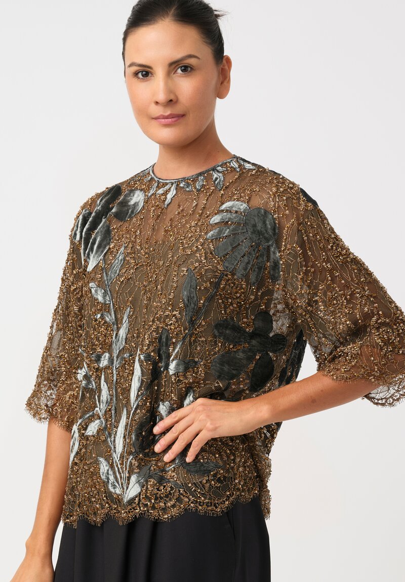 Biyan Bead Embellished Lace Jarie Top with Floral Velvet Embroidery