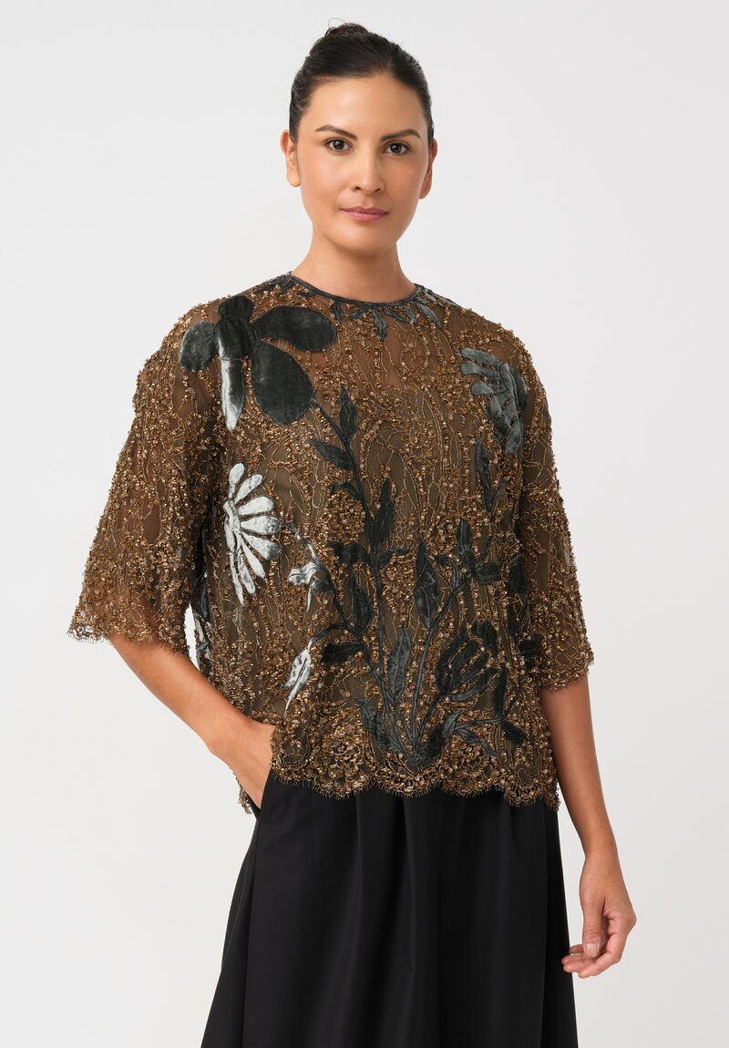 Biyan Bead Embellished Lace Jarie Top with Floral Velvet Embroidery