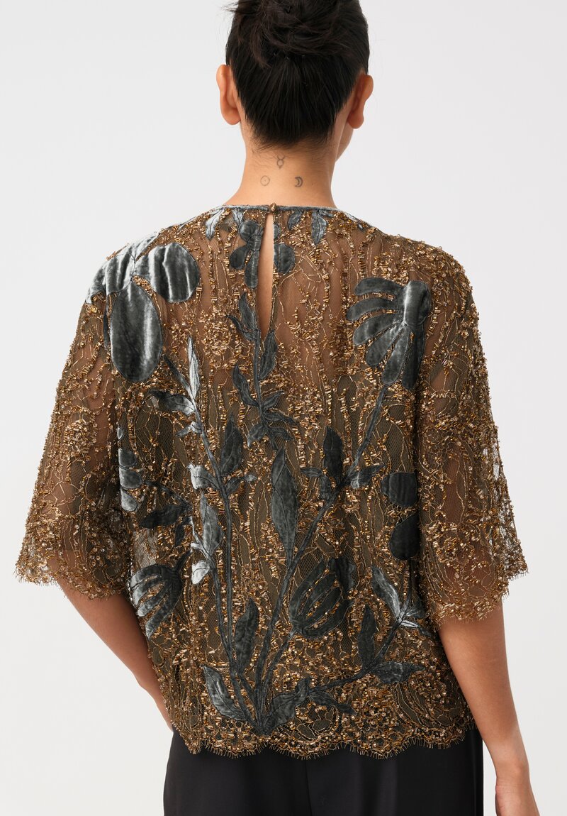 Biyan Bead Embellished Lace Jarie Top with Floral Velvet Embroidery