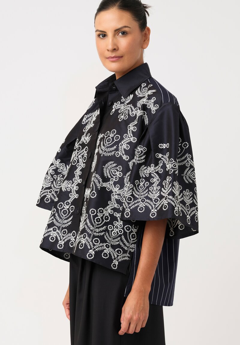 Biyan Cotton Taffeta Wildflower Embroidered Pleated Sleeve Jetea Shirt