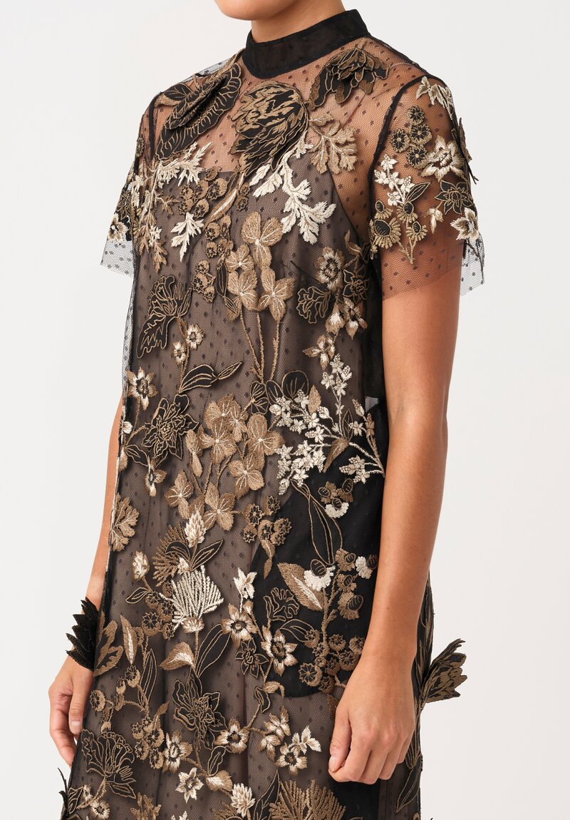 Biyan Tulle & Linen Wildflower Appliqué Embroidered Mock Neck Lys Dress
