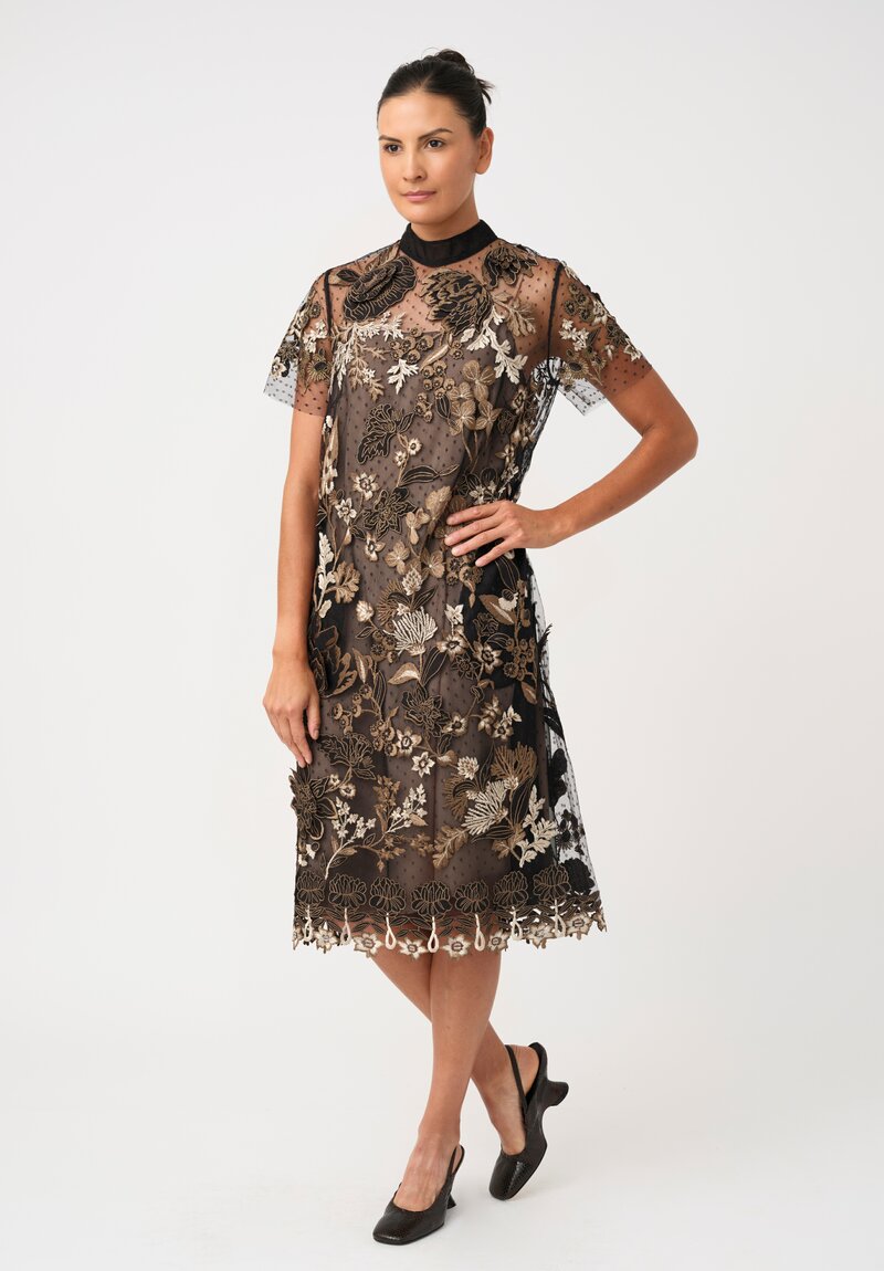 Biyan Tulle & Linen Wildflower Appliqué Embroidered Mock Neck Lys Dress
