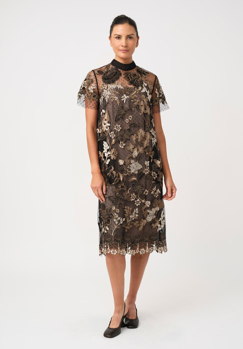 Biyan Tulle & Linen Wildflower Appliqué Embroidered Mock Neck Lys Dress