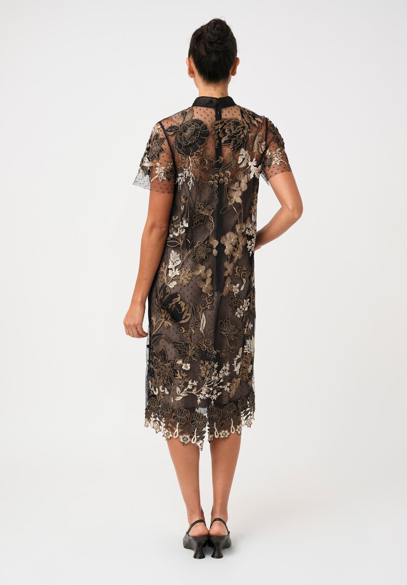 Biyan Tulle & Linen Wildflower Appliqué Embroidered Mock Neck Lys Dress