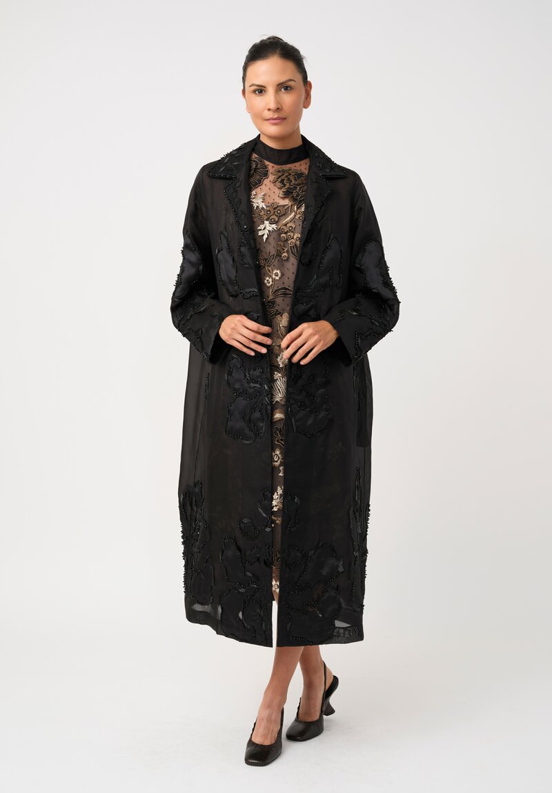 Biyan Tulle & Linen Wildflower Appliqué Embroidered Mock Neck Lys Dress