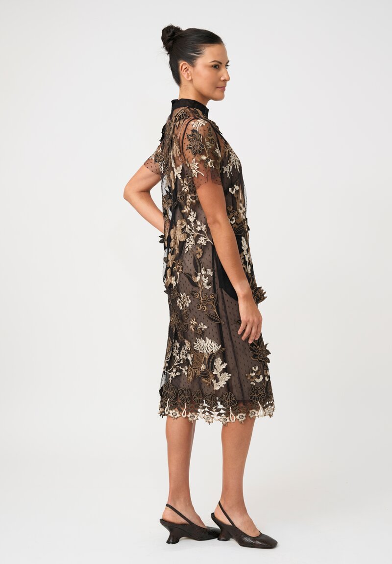 Biyan Tulle & Linen Wildflower Appliqué Embroidered Mock Neck Lys Dress