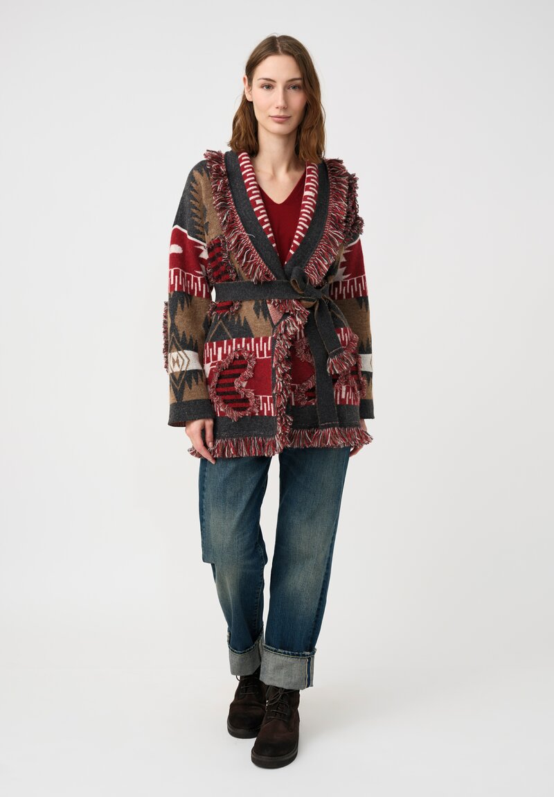 Alanui Fil Coupé Jacquard Grunge Anthem Cardigan Iron Grey & Red	