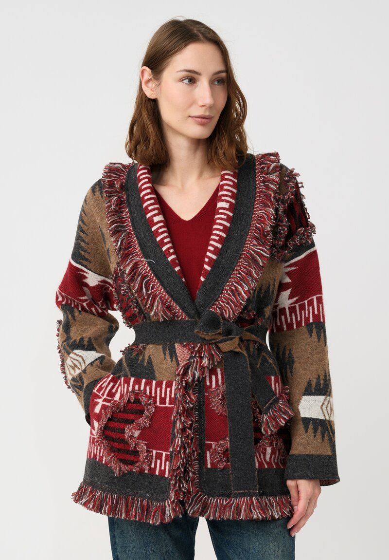 Alanui Fil Coupé Jacquard Grunge Anthem Cardigan Iron Grey & Red	