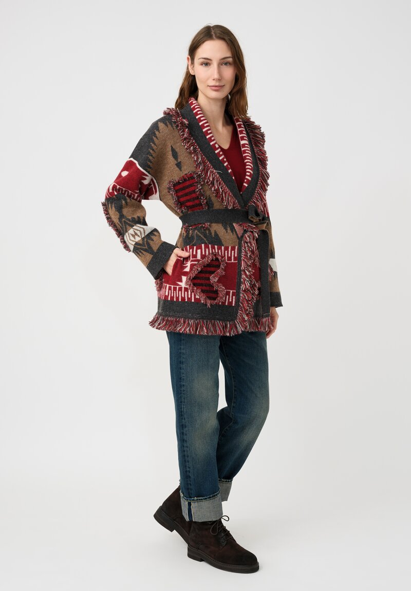 Alanui Fil Coupé Jacquard Grunge Anthem Cardigan Iron Grey & Red	