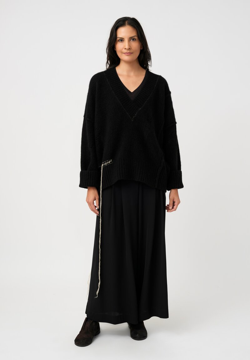 Isabel Benenato Stretch Yak Cutout Sweater in Black & Cream Stitches