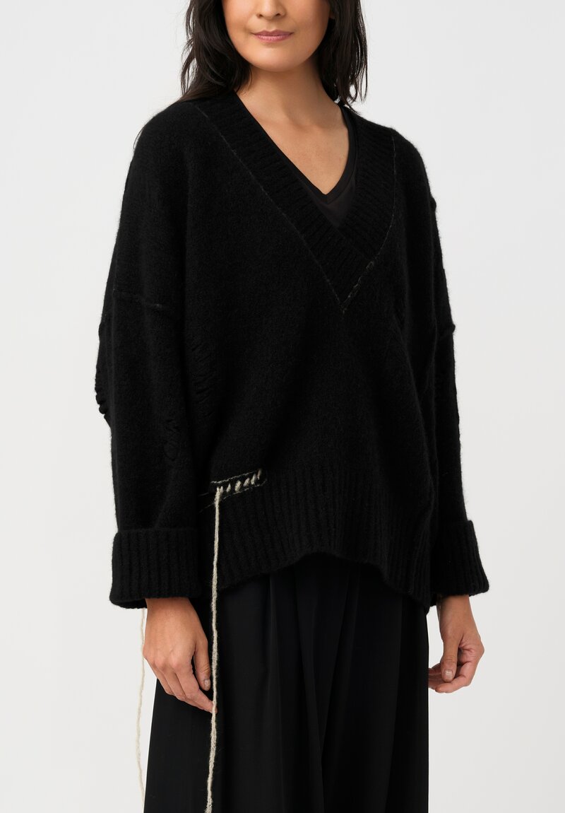 Isabel Benenato Stretch Yak Cutout Sweater in Black & Cream Stitches