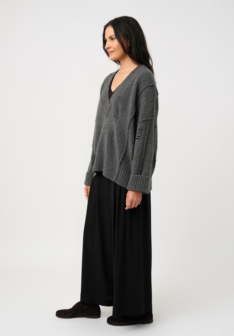 Isabel Benenato Stretch Yak Cutout Sweater in Stone Gray & Black Stitches