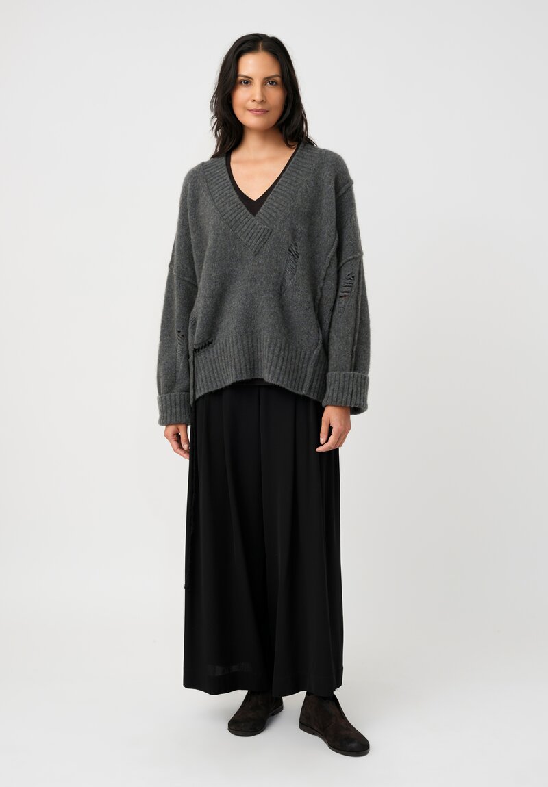 Isabel Benenato Stretch Yak Cutout Sweater in Stone Gray & Black Stitches