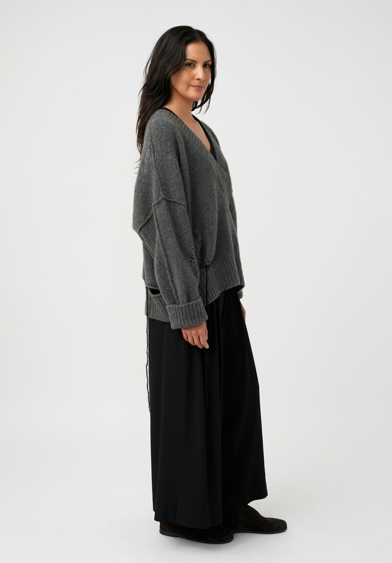 Isabel Benenato Stretch Yak Cutout Sweater in Stone Gray & Black Stitches