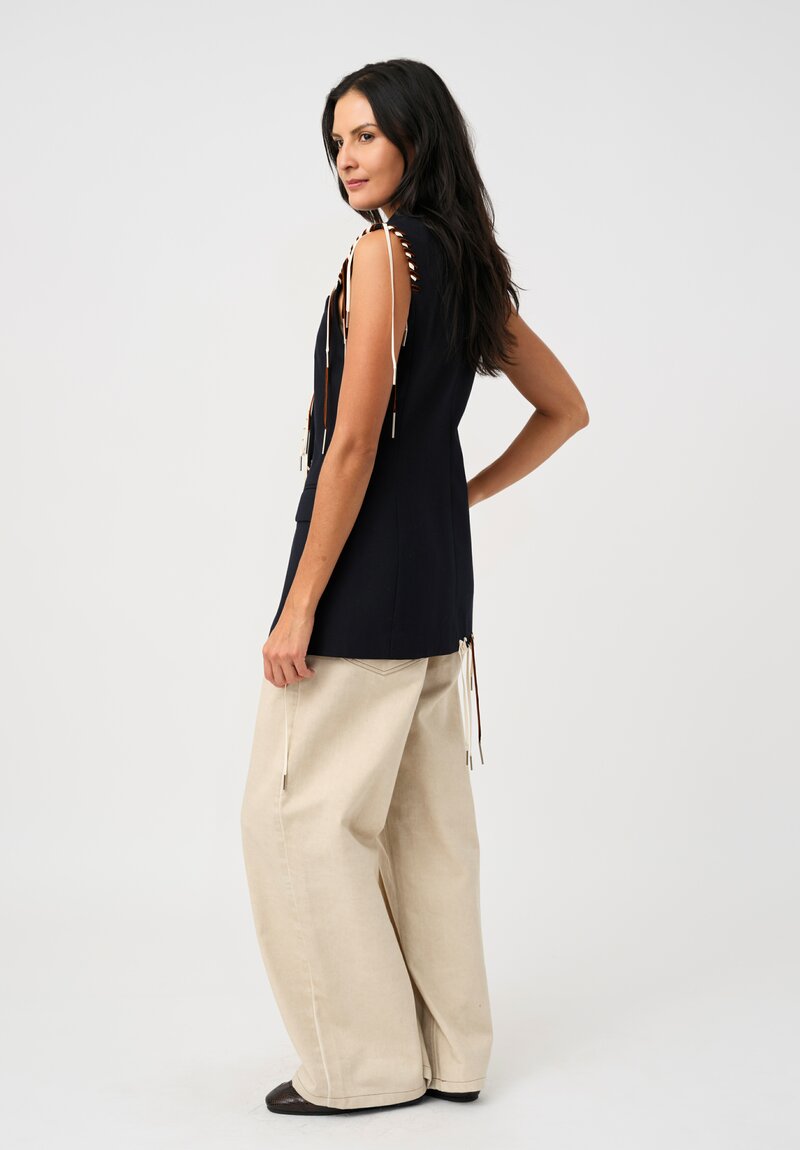 Dries Van Noten Thermal Twill Bimbila Blazer Vest in Navy Blue with Brown Velvet & White Lace