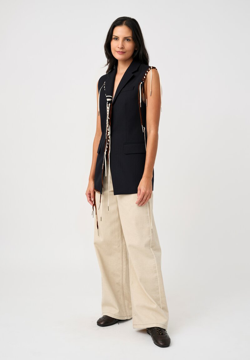 Dries Van Noten Thermal Twill Bimbila Blazer Vest in Navy Blue with Brown Velvet & White Lace