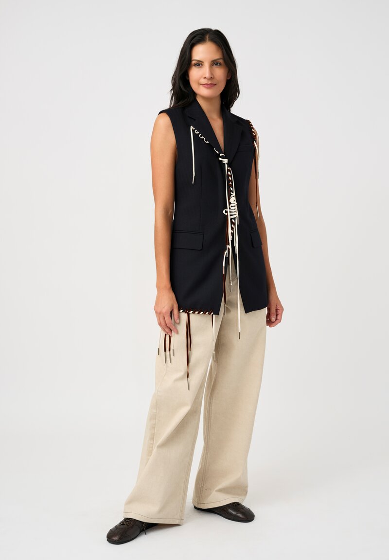 Dries Van Noten Thermal Twill Bimbila Blazer Vest in Navy Blue with Brown Velvet & White Lace