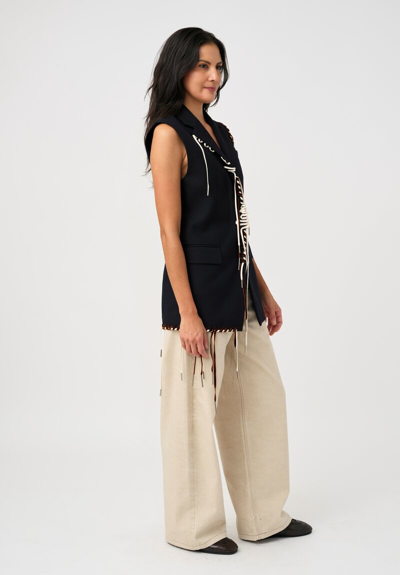 Dries Van Noten Thermal Twill Bimbila Blazer Vest in Navy Blue with Brown Velvet & White Lace