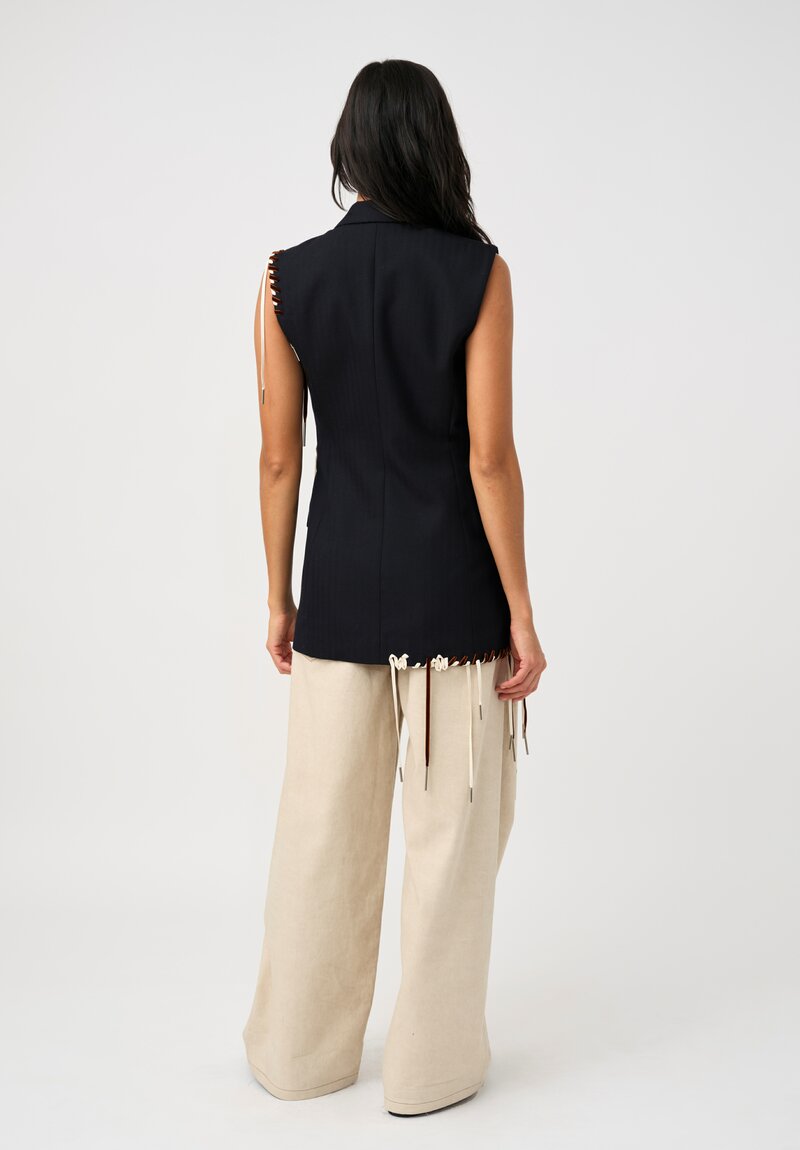 Dries Van Noten Thermal Twill Bimbila Blazer Vest in Navy Blue with Brown Velvet & White Lace
