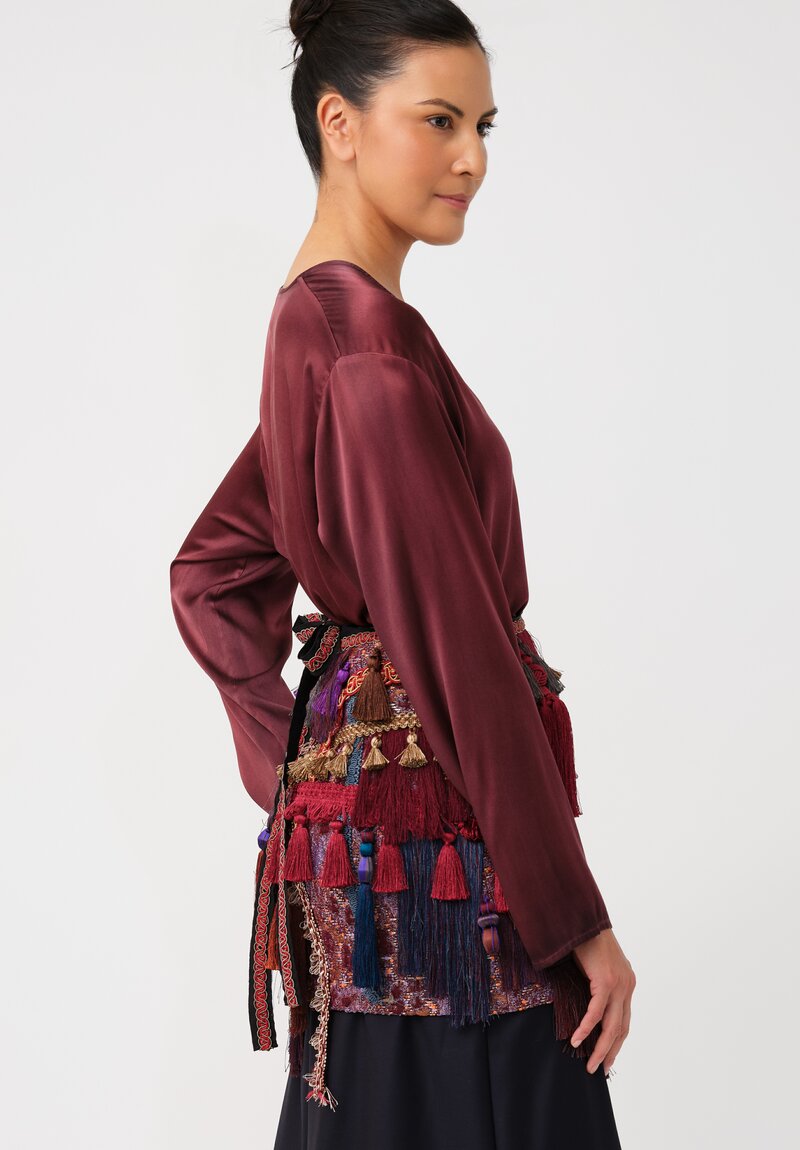 Dries Van Noten Tasseled Cloqué Gabrina Belted Mini Wrap Skirt in Burgundy Purple