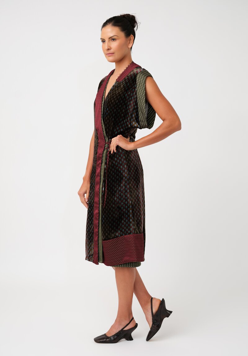 Dries Van Noten Velvet Patterned Dematia Wrap Dress in Khaki Green & Mahogany