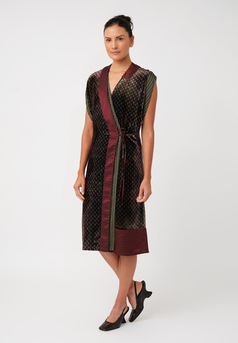 Dries Van Noten Velvet Patterned Dematia Wrap Dress in Khaki Green & Mahogany