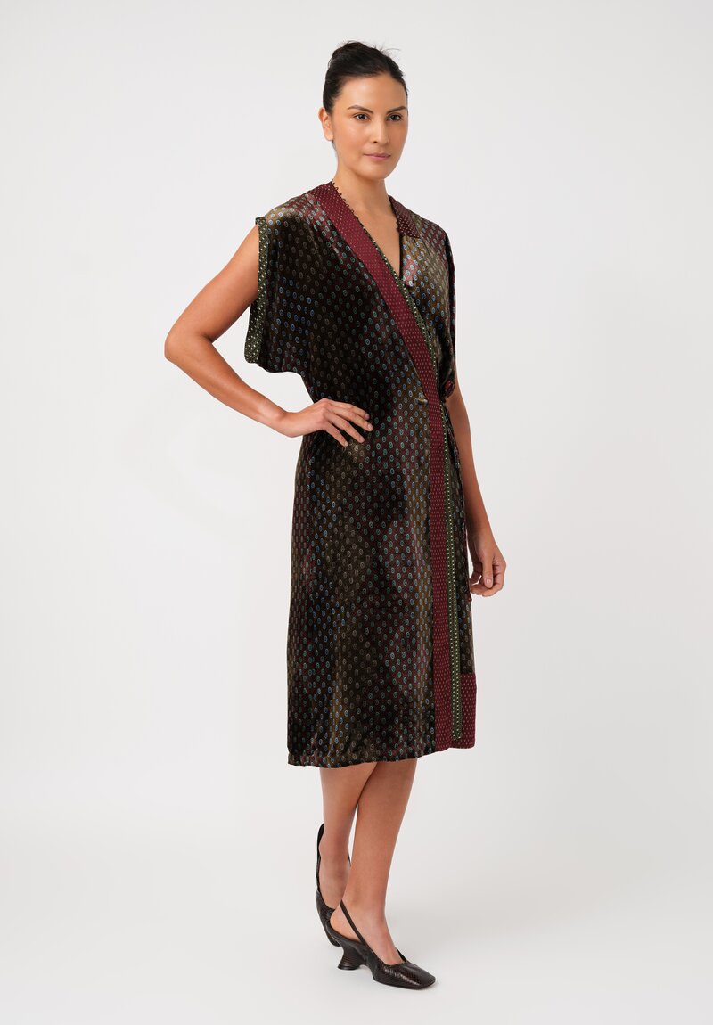 Dries Van Noten Velvet Patterned Dematia Wrap Dress in Khaki Green & Mahogany