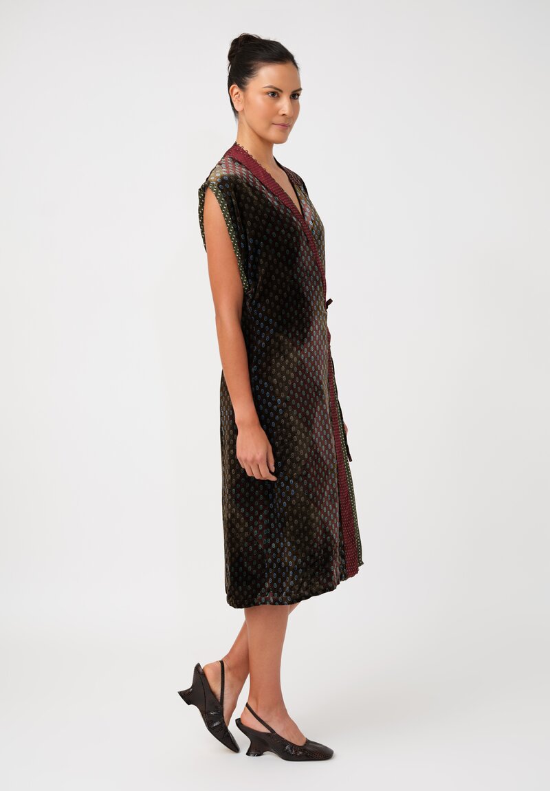 Dries Van Noten Velvet Patterned Dematia Wrap Dress in Khaki Green & Mahogany