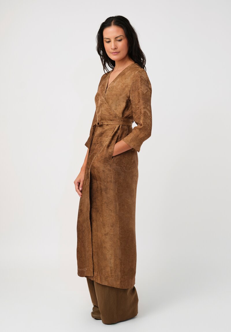 Uma Wang Brocade Anthea Wrap Dress in Zagros Mustard Brown