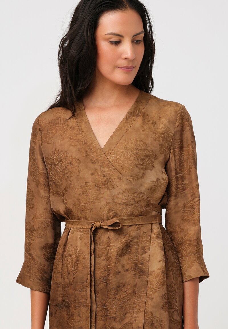 Uma Wang Brocade Anthea Wrap Dress in Zagros Mustard Brown