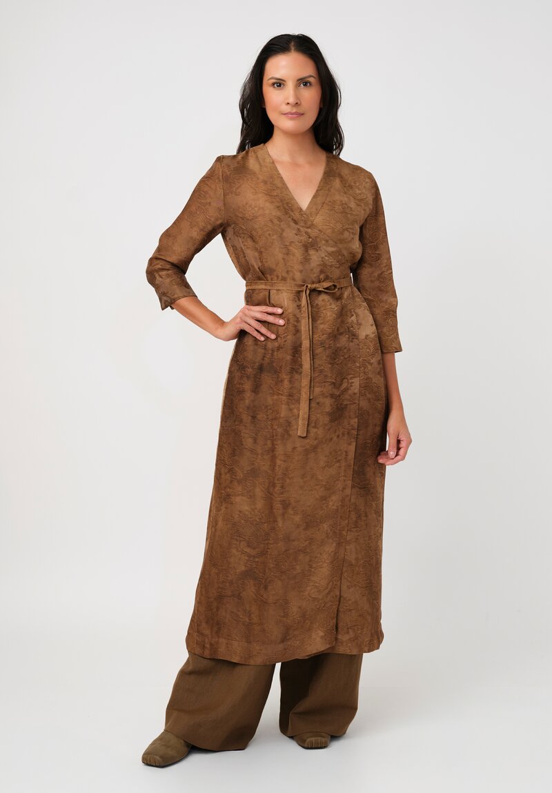 Uma Wang Brocade Anthea Wrap Dress in Zagros Mustard Brown