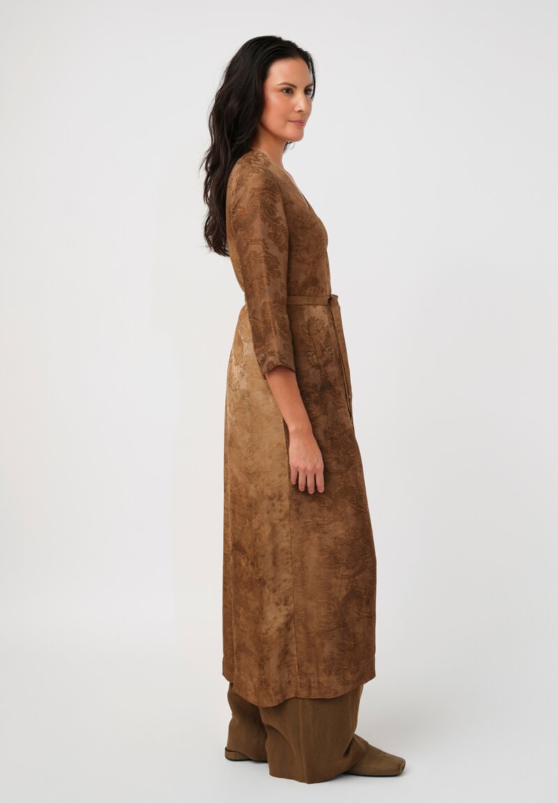 Uma Wang Brocade Anthea Wrap Dress in Zagros Mustard Brown