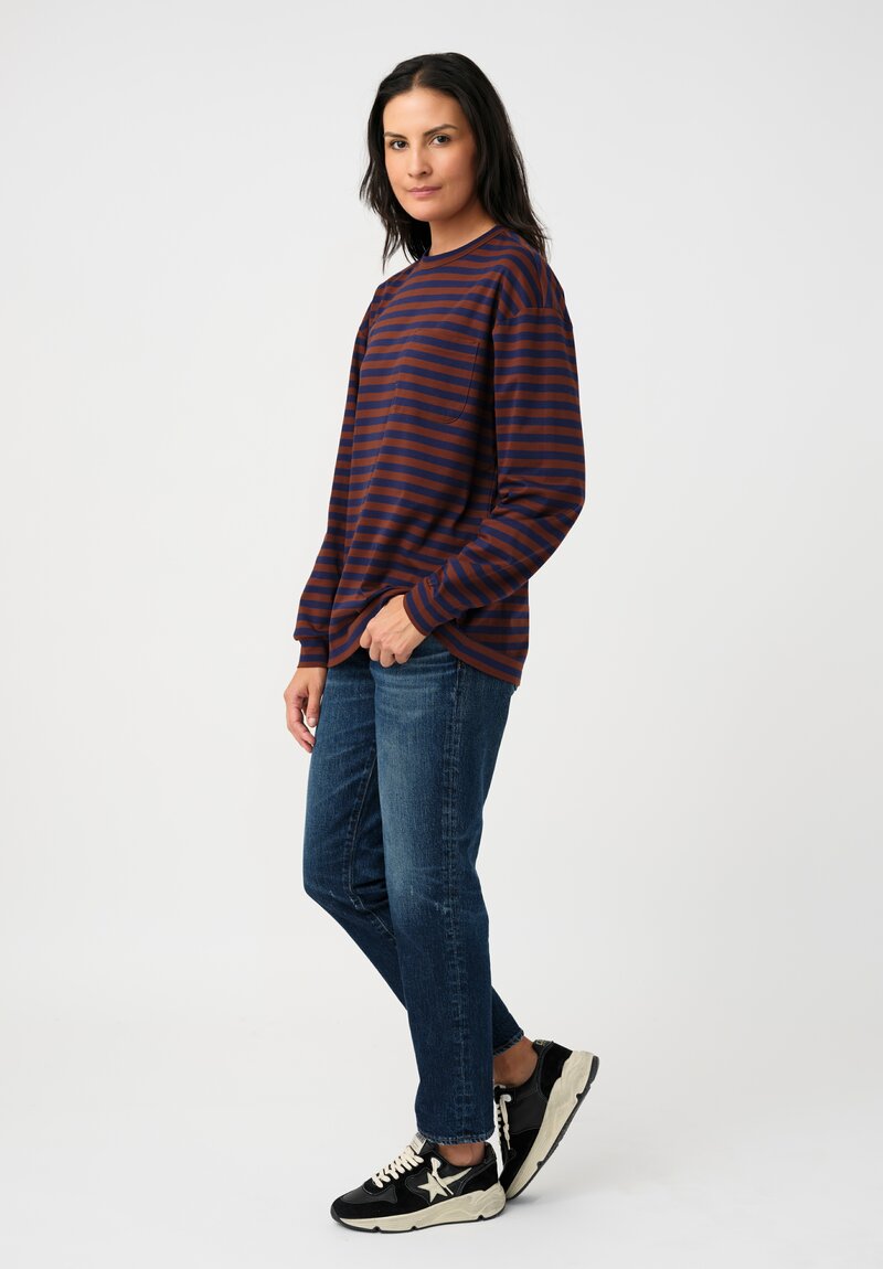 Plan C Cotton Long Sleeve T-Shirt in Cocoa Brown & Navy Blue Stripes