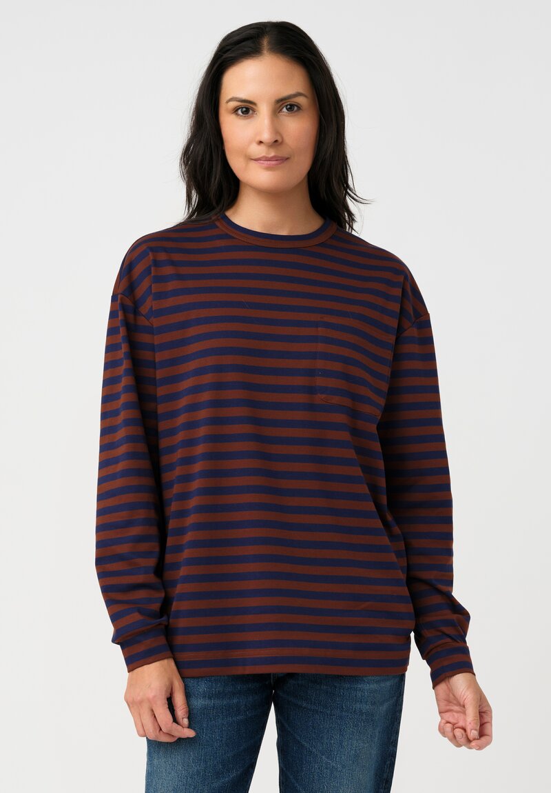 Plan C Cotton Long Sleeve T-Shirt in Cocoa Brown & Navy Blue Stripes