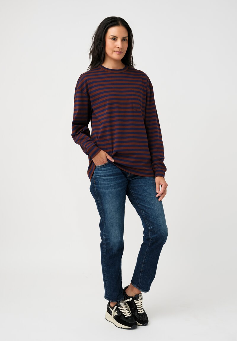 Plan C Cotton Long Sleeve T-Shirt in Cocoa Brown & Navy Blue Stripes