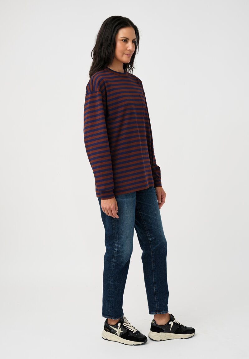 Plan C Cotton Long Sleeve T-Shirt in Cocoa Brown & Navy Blue Stripes