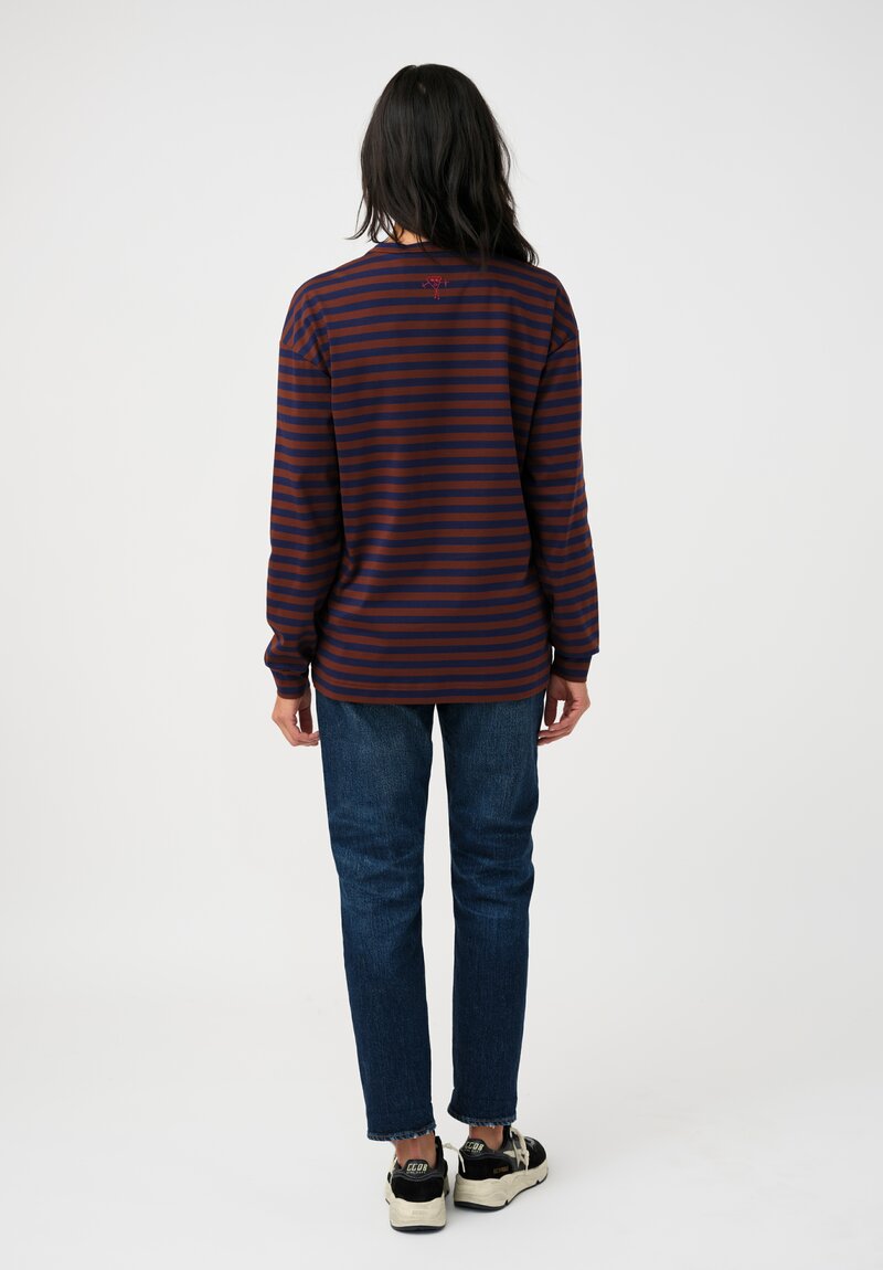 Plan C Cotton Long Sleeve T-Shirt in Cocoa Brown & Navy Blue Stripes