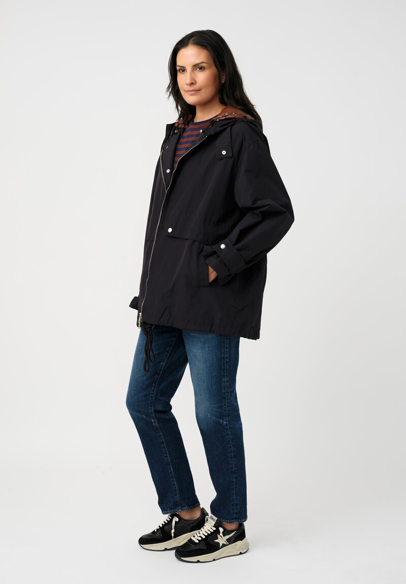 Plan C Water-Repellent Double Hooded Zip Up Anorak Coat in Black