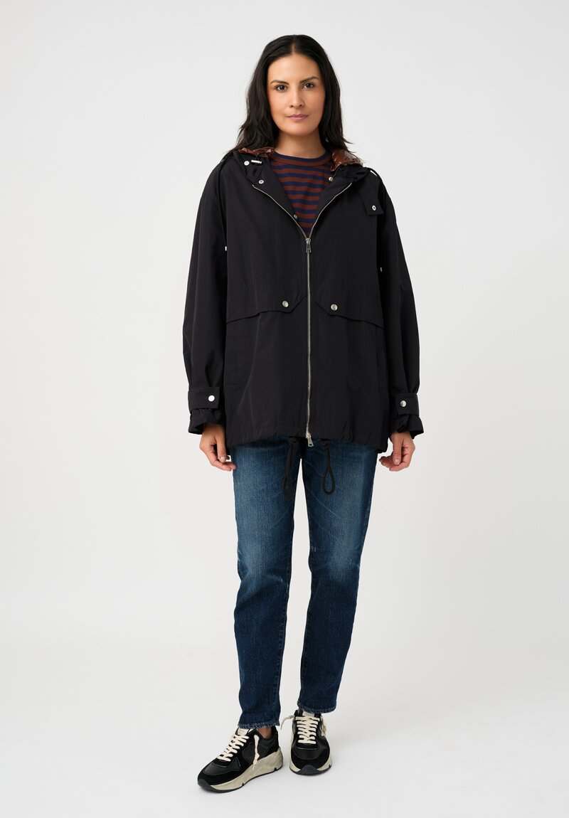 Plan C Water-Repellent Double Hooded Zip Up Anorak Coat in Black