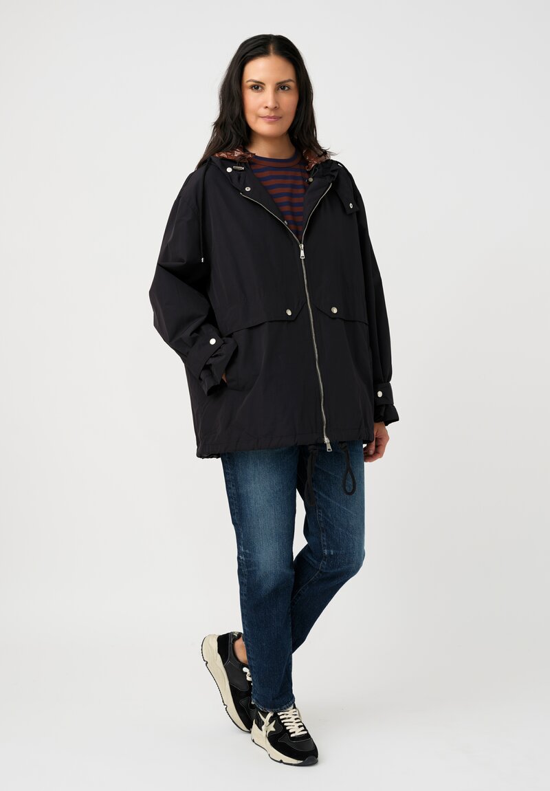 Plan C Water-Repellent Double Hooded Zip Up Anorak Coat in Black