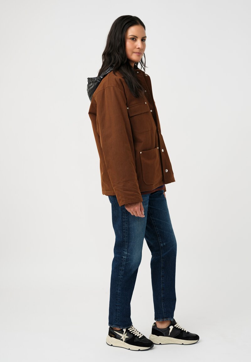 Plan C Cotton Twill Cargo Jacket with Detachable Hood in Coffee Brown