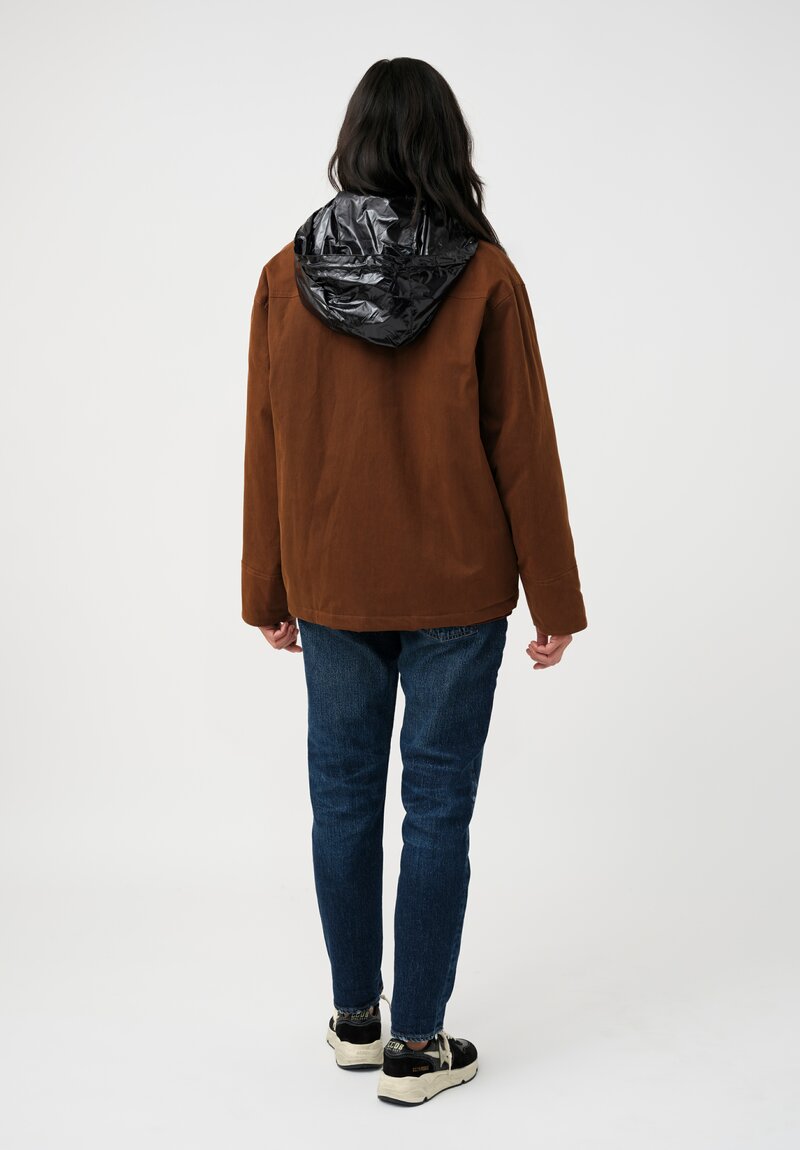 Plan C Cotton Twill Cargo Jacket with Detachable Hood in Coffee Brown